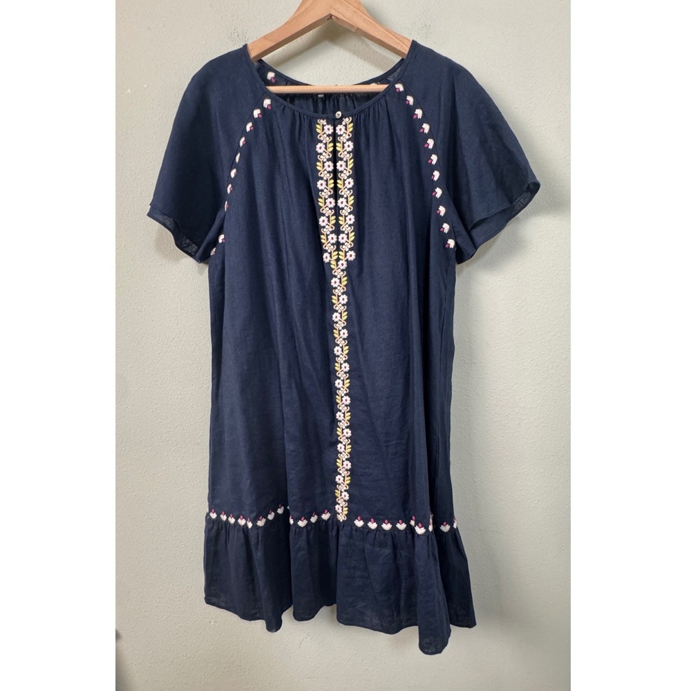 Madewell Embroidered Linen-Blend Raglan Ruffle Mini Dress Navy AO275 Medium Boho